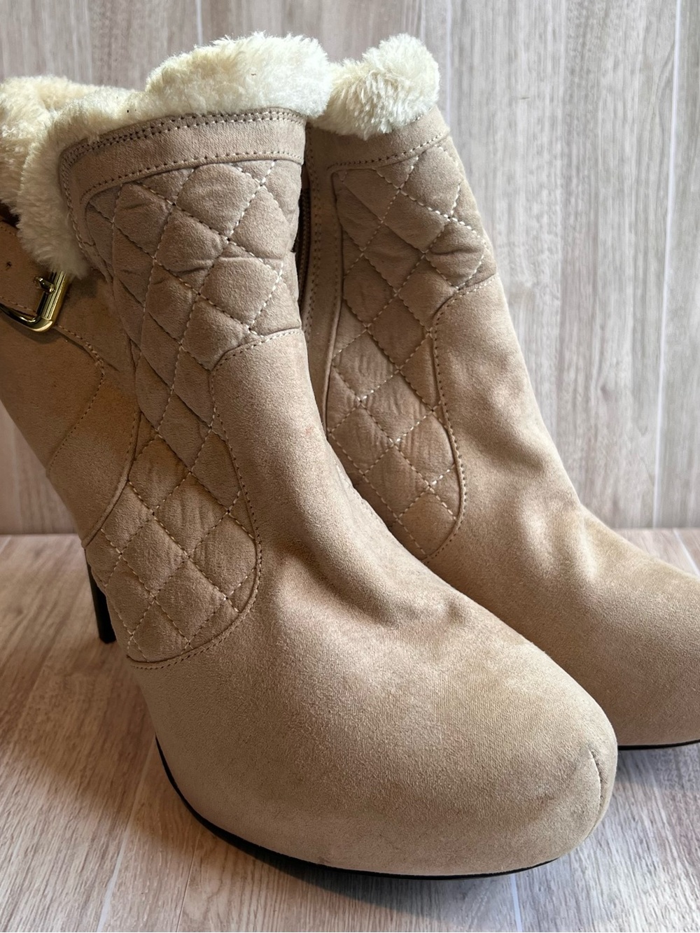 Madeline Quilted Tan Faux-Suede Ankle Boots with Faux-Fur Cuff
